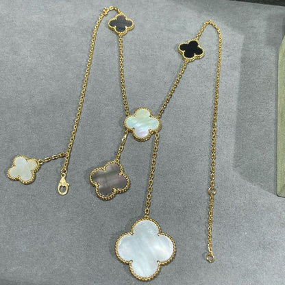 「ルームジュエリー」クローバー 6モチーフ マザーオブパール オニキス ゴールドネックレス