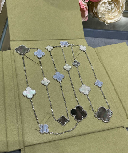 「ルムジュエリー」クローバー16モチーフカルセドニーMOPシルバーネックレス