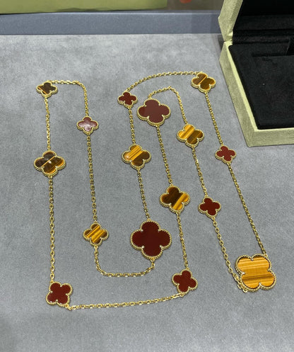 Lume Jewelryクローバー16モチーフ カーネリアン タイガーアイ ローズゴールドネックレス