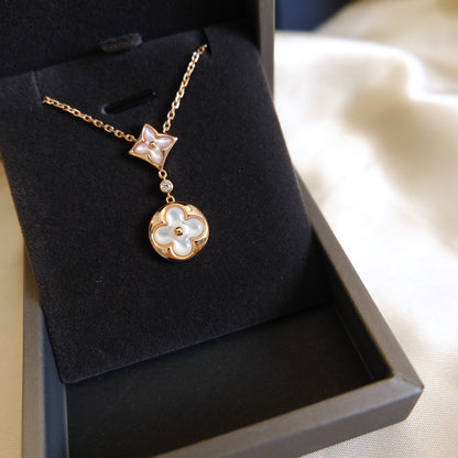 「ルームジュエリー」スターアンドサン ホワイトMOP 2モチーフ ピンクゴールドネックレス