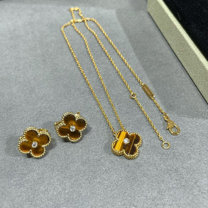 Lume Jewelry クローバー 15MM ダイヤモンド＆イエロータイガーアイアゲート ネックレス