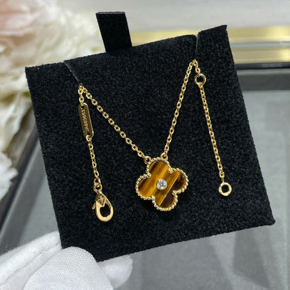 Lume Jewelry クローバー 15MM ダイヤモンド＆イエロータイガーアイアゲート ネックレス