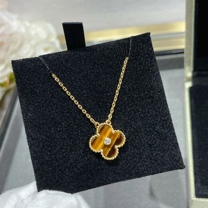 Lume Jewelry クローバー 15MM ダイヤモンド＆イエロータイガーアイアゲート ネックレス