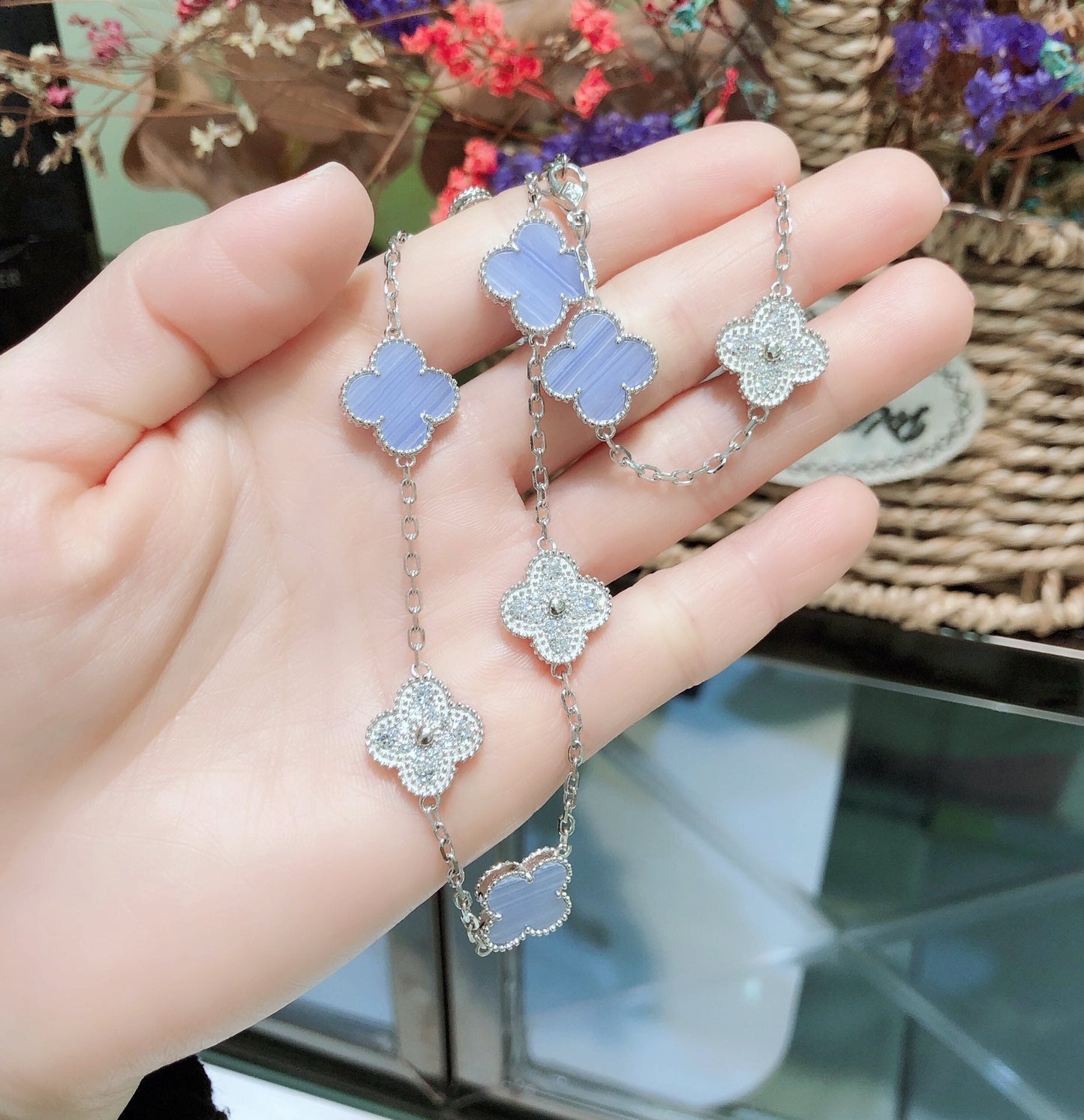 Lume Jewelry クローバー 10モチーフ カルセドニー ダイヤモンド シルバー ネックレス